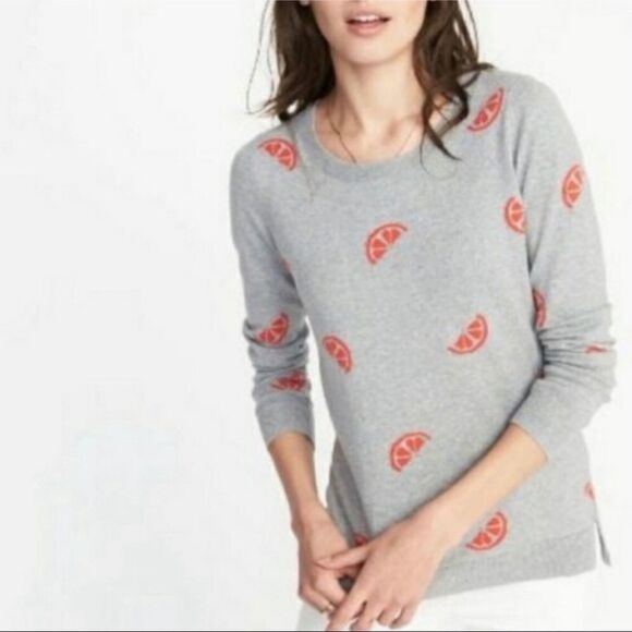Old Navy Grey Orange Slice Citrus Print Lightweight Crewneck Sweater Small - Picture 1 of 7